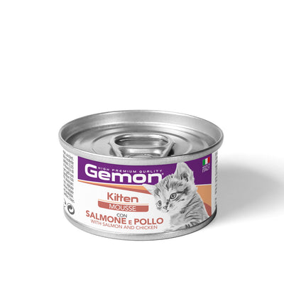 Mousse GEMON per gattini con salmone e pollo, 85 g, alimento umido completo