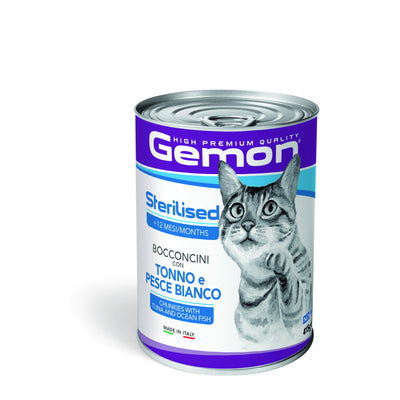 Bocconcini per gatti sterilizzati con tonno e pesce bianco Gemon, 415 g