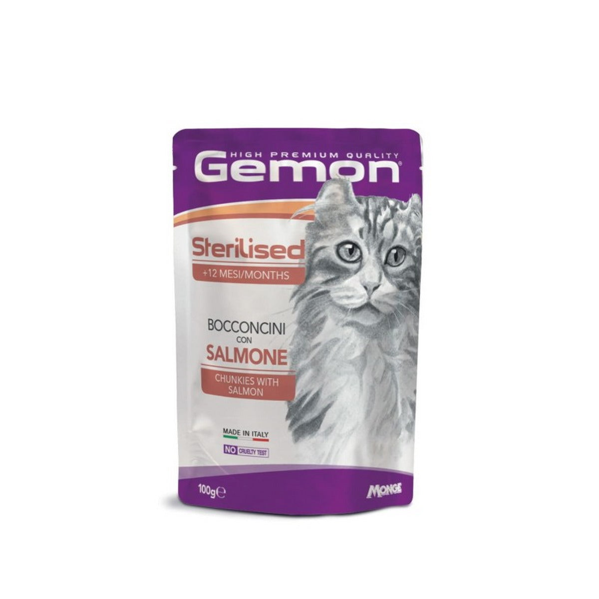 Bocconcini Gemon Cat al salmone per gatti sterilizzati, confezione da 100 g