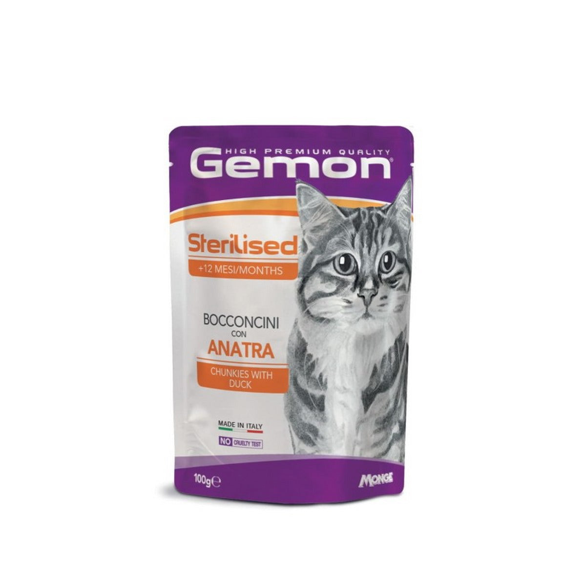 Bocconcini per gatti sterilizzati con anatra GEMON, confezione da 100 g