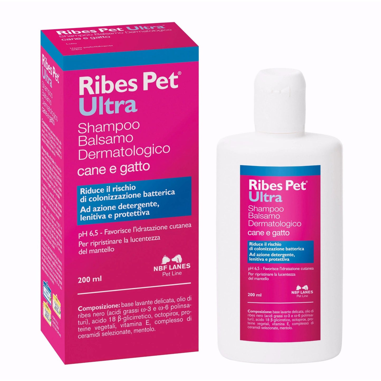 Shampoo balsamo dermatologico Ribes Pet Ultra per cani e gatti, flacone 200 ml