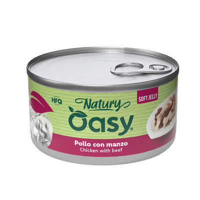 Lattina di alimento umido Oasy Wet Cat Natury Soft Jelly con pollo e manzo in gelatina per gatti adulti