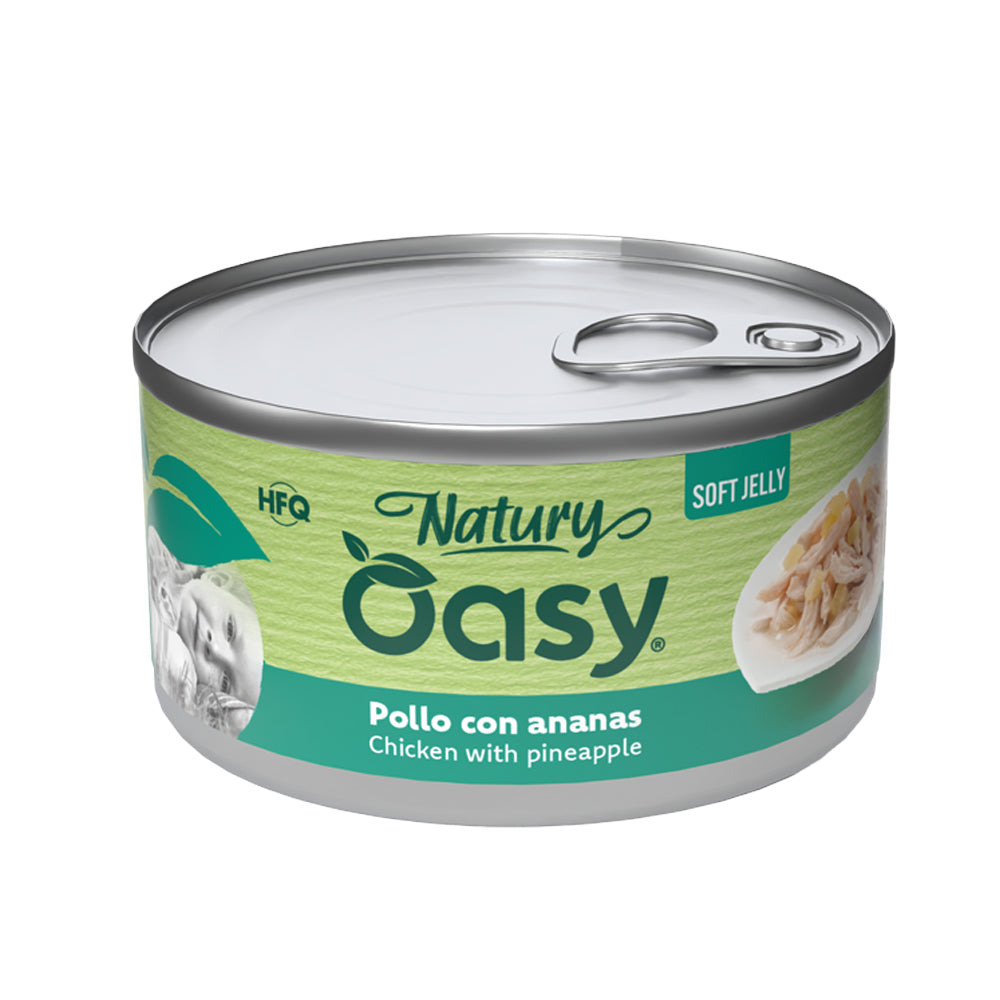 Alimento umido per gatti Oasy Natury Soft Jelly pollo e ananas in lattina, texture morbida