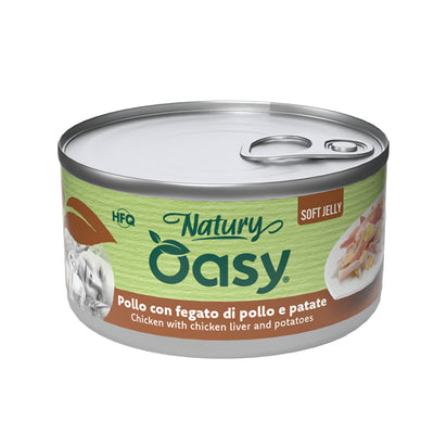 Alimento umido per gatti Oasy Natury Soft Jelly con pollo, fegato e patate in lattina