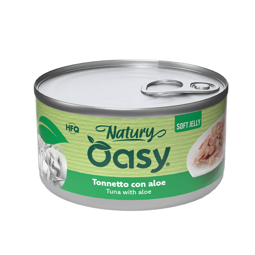 Alimento umido per gatti Oasy Wet Cat Natury Soft Jelly tonnetto con aloe in gelatina, lattina