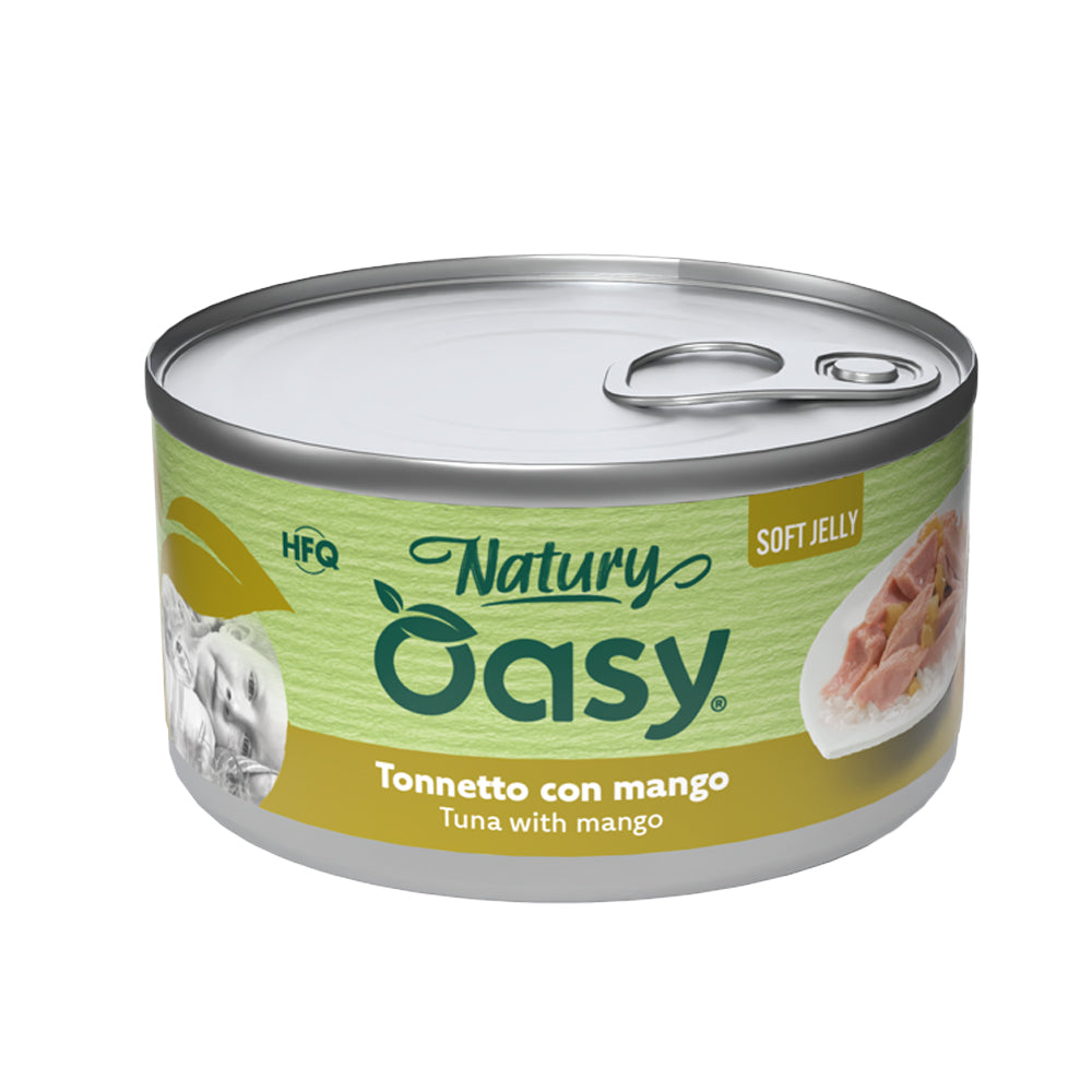 Lattina di alimento umido Oasy Wet Cat Natury Soft Jelly tonnetto con mango per gatti adulti