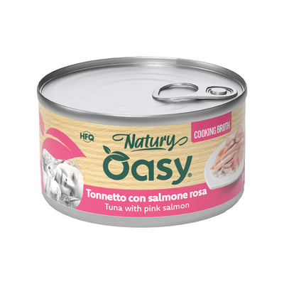 Lattina di alimento umido Oasy Natury Cooking Broth tonnetto salmone rosa per gatti adulti 85 g