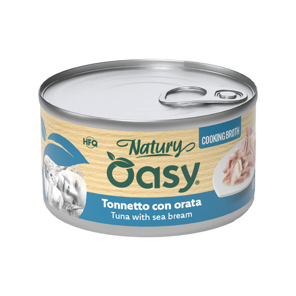 Alimento umido per gatti Oasy Tonnetto con Orata in brodo, lattina 85 g