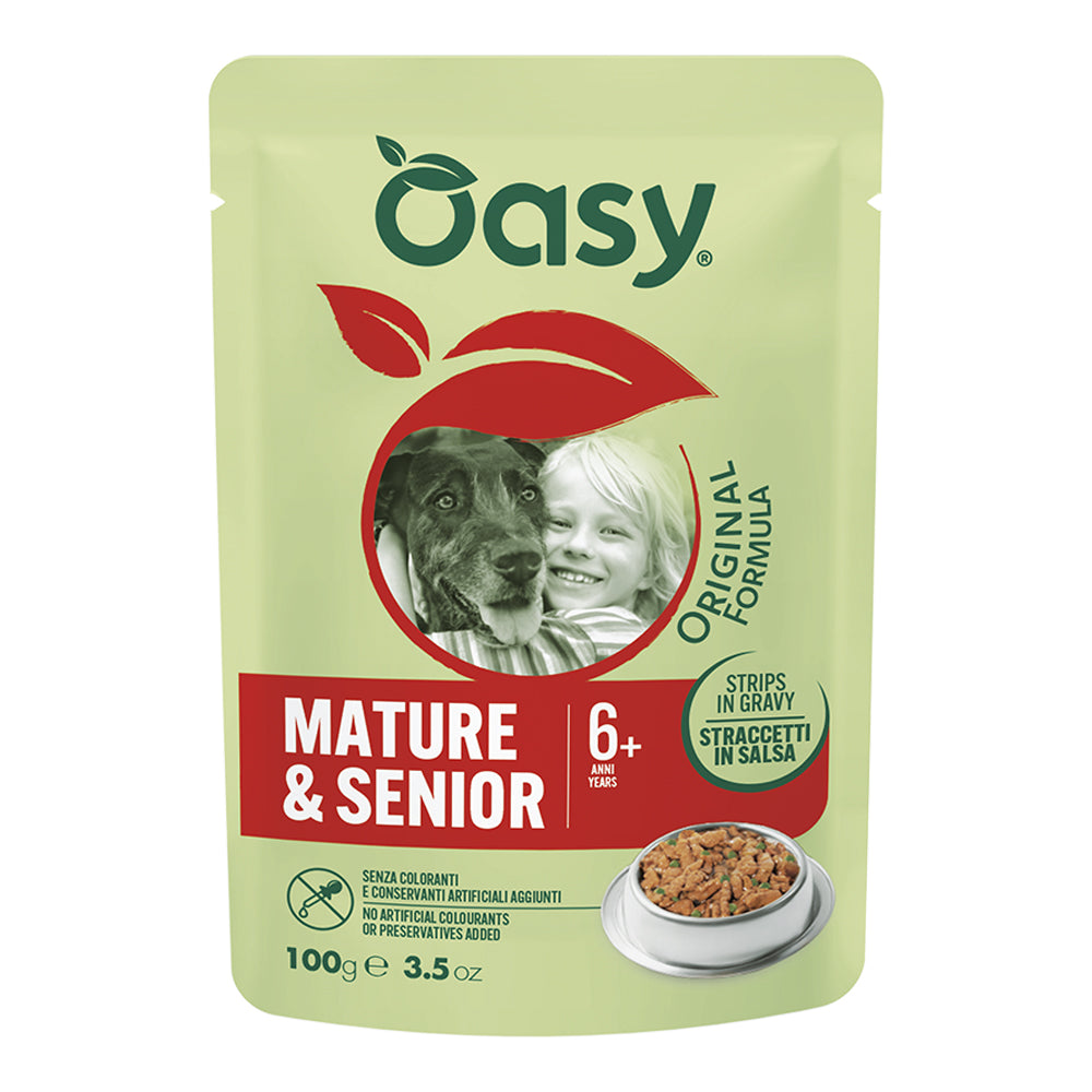 Oasy Wet Dog Straccetti in salsa con tacchino e piselli per cani senior, busta 100 g