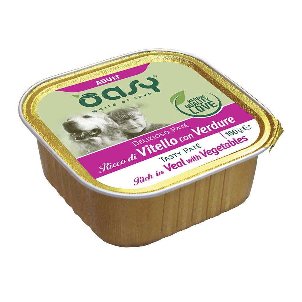Paté umido Oasy per cani adulti con vitello e verdure in vaschetta da 150 g