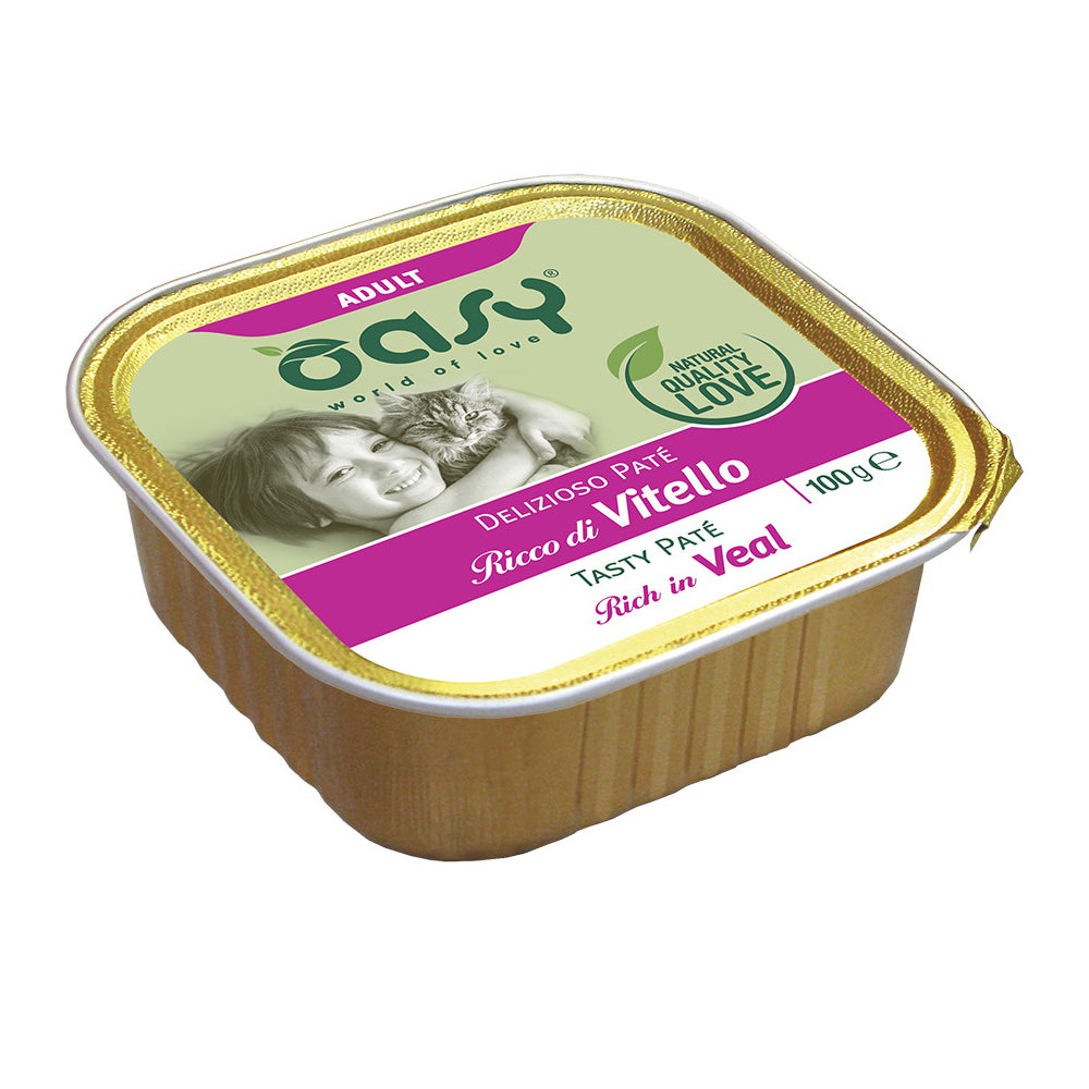 Paté umido Oasy per gatti adulti con vitello, vaschetta 100 g