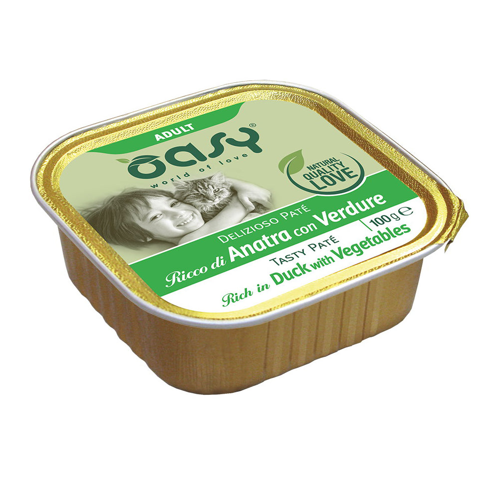 Paté Oasy Delizioso per gatti adulti con anatra e verdure, vaschetta 100 g