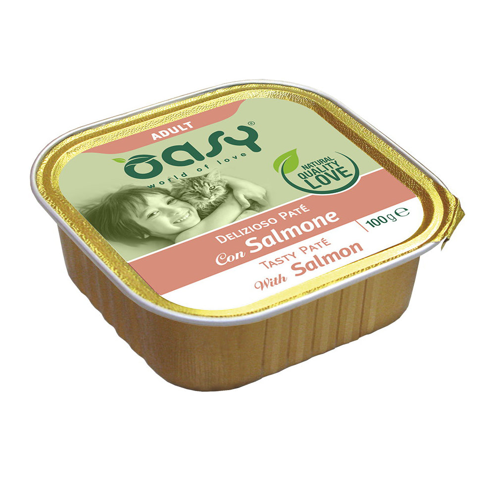 Paté delizioso per gatti adulti con salmone in vaschetta da 100 g Oasy Wet Cat