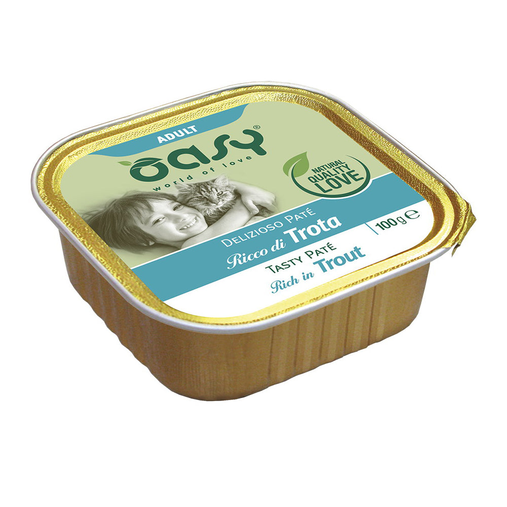 Paté Oasy Delizioso con Trota per gatti adulti in vaschetta da 100 g