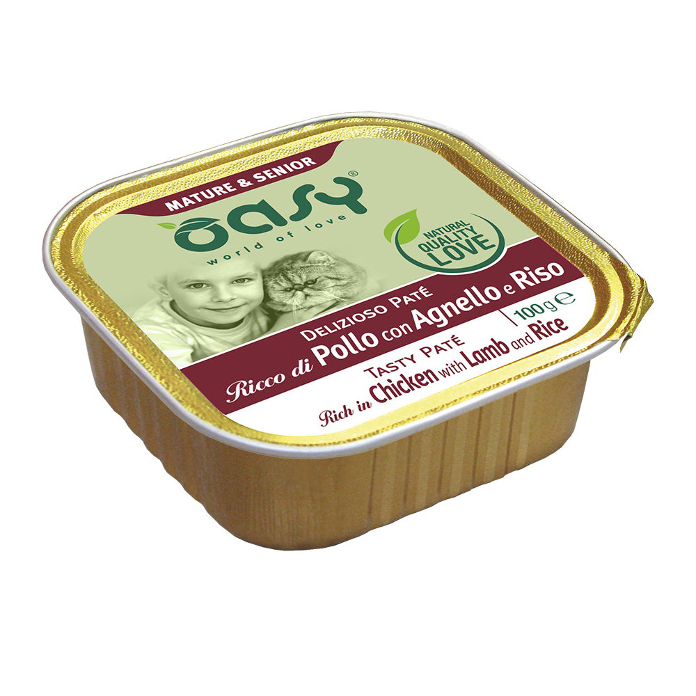 Paté Delizioso Oasy per Gatti Senior Pollo e Agnello, vaschetta 100 g