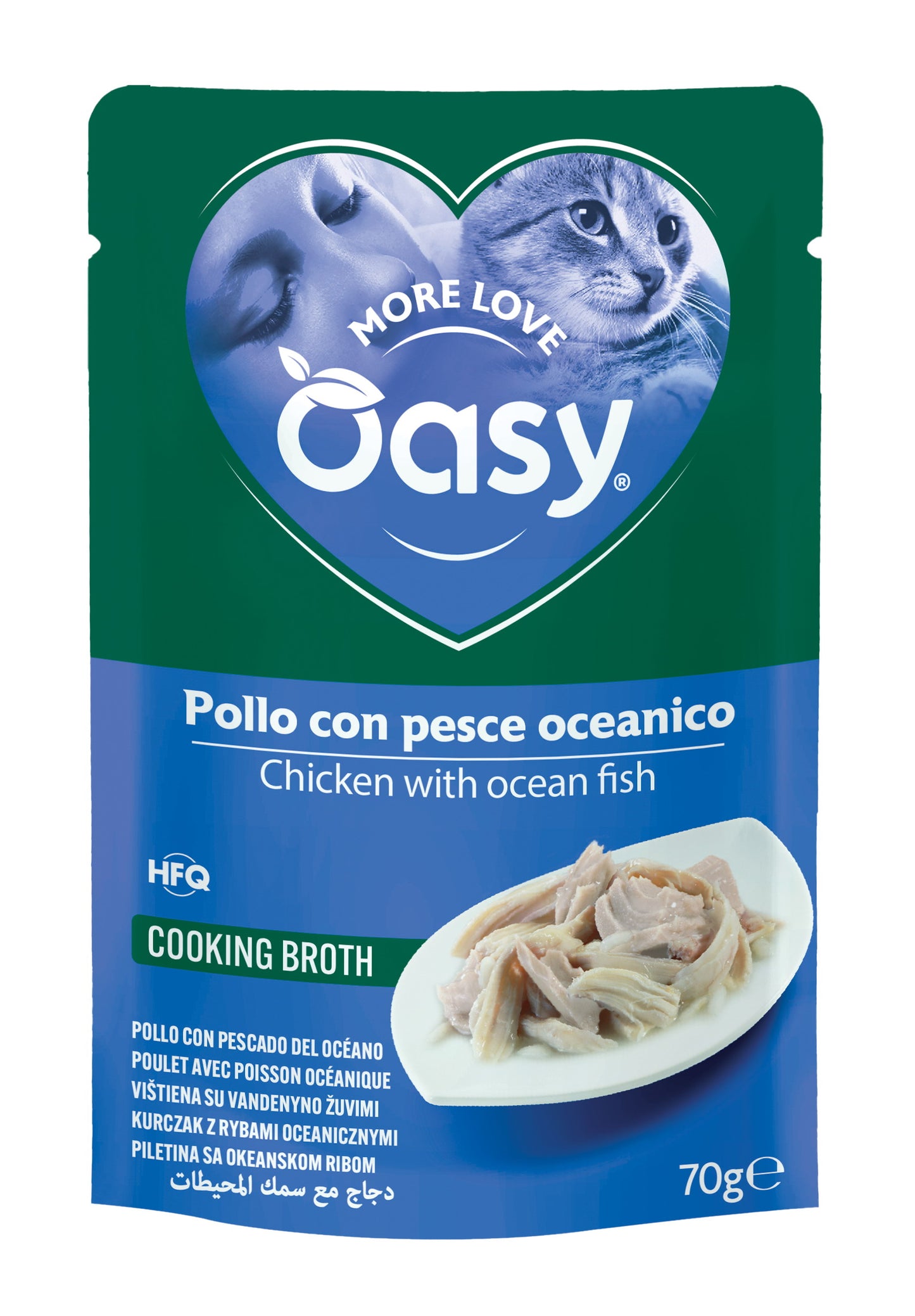 Busta di alimento umido Oasy More Love per gatti adulti con pollo e pesce oceanico, 70 g