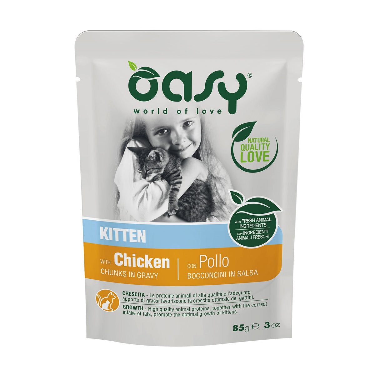 Bocconcini in salsa con pollo per gattini Oasy Wet Cat, busta 85 g