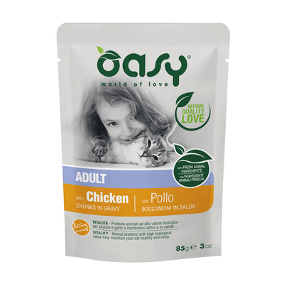 Bocconcini in salsa per gatti adulti Oasy con pollo, busta 85 g
