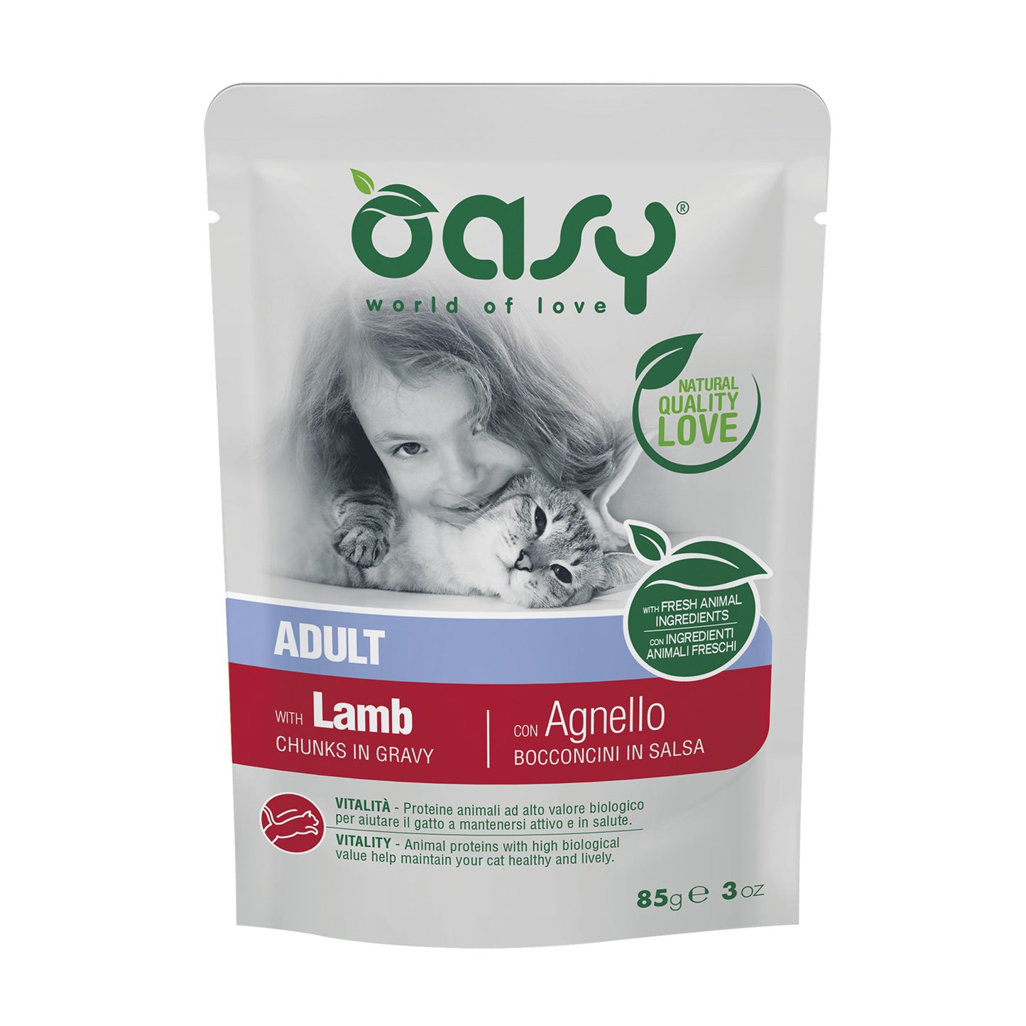 Bocconcini in salsa per gatti adulti Oasy con agnello, busta 85 g