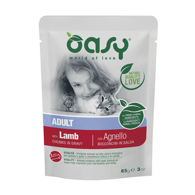 Bocconcini in salsa per gatti adulti Oasy con agnello, busta 85 g