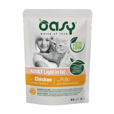 Bocconcini in salsa per gatti adulti light Oasy, busta 85 g con pollo e controllo peso