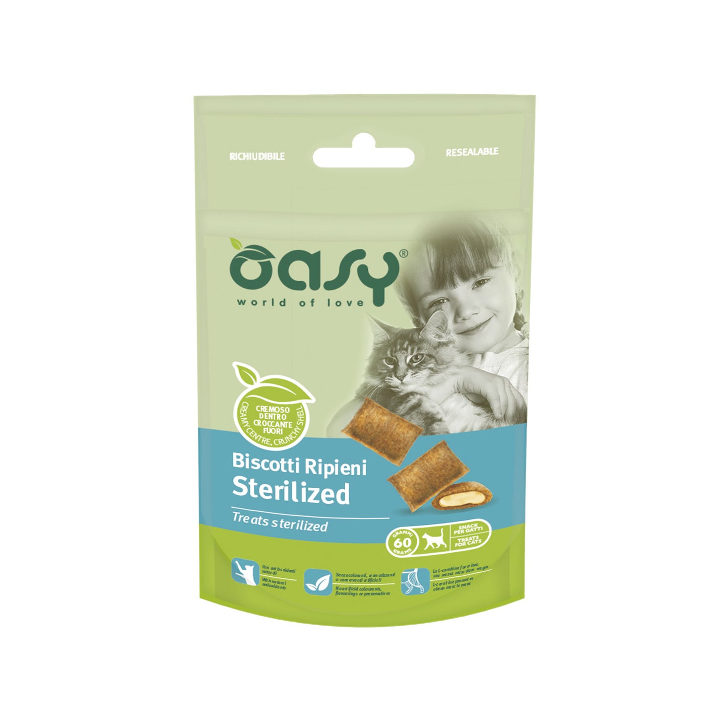 Snack per gatti sterilizzati ripieni croccanti Oasy 60 g con L-carnitina
