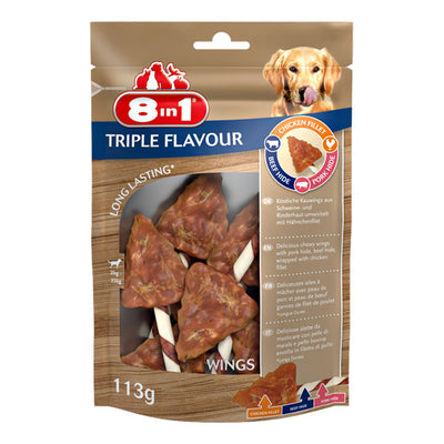 Snack osso masticabile 8in1 Triple Flavour Extra Meat Wings per cani, 6 pezzi 113 g