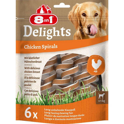 Snack in spirali per cani 8in1 Delights con pollo e manzo, confezione da 6 pezzi 60 g