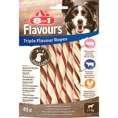 Trecce da masticare Triple Flavour 8in1 per cani, 5 pezzi 65 g, pelle manzo cotenna maiale pollo