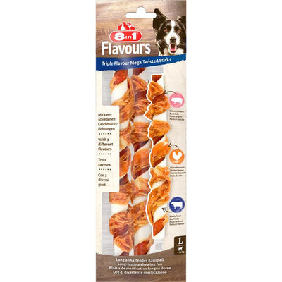 Bastoncini twisted 8in1 triple flavour mega per cani grandi, 2 pezzi da 140 g con petto di pollo e pelle bovina