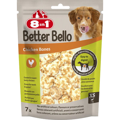 Snack masticabili Chicken Bones 8in1 BetterBello XS per cani, 7 pezzi in pelle grezza ricoperti di pollo