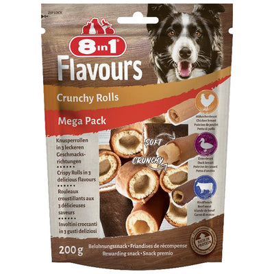 Snack rolls croccanti per cani 8in1 in tre gusti, confezione da 200g con interno croccante e esterno morbido