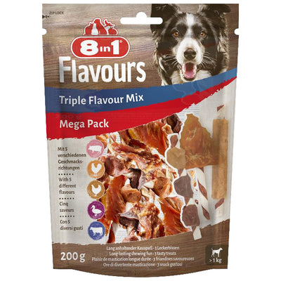 Snack masticabili assortiti 8in1 Flavours Triple Mix per cani, 200 g con spiedini, costolette e alette