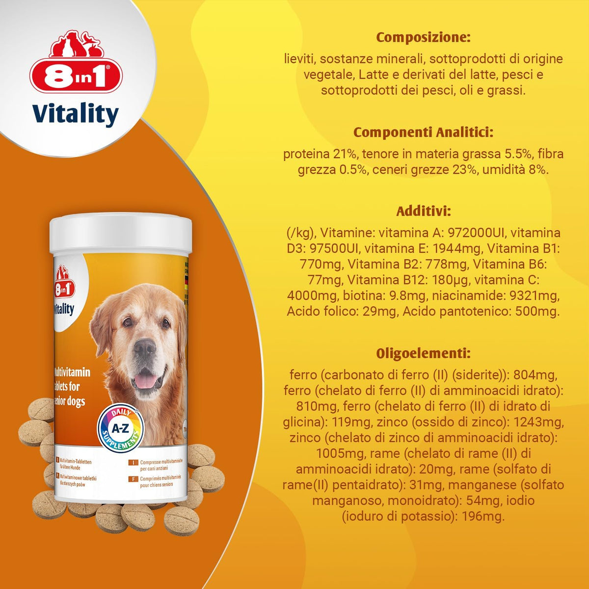 Pastiglie multivitaminiche 8in1 Vitality Senior per cani anziani, barattolo da 70 compresse
