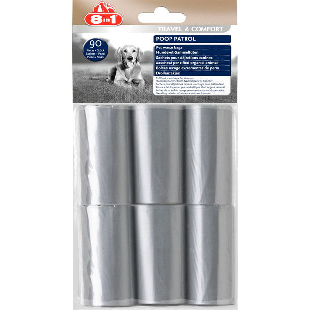 Refill sacchetti igienici 8in1 per cani, 6 rotoli da 15 sacchetti, resistenti e catarifrangenti