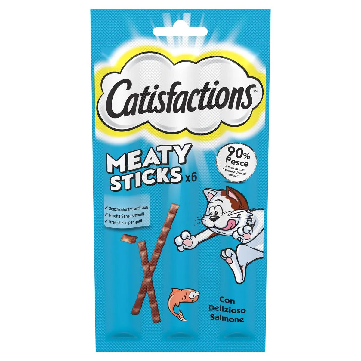 CATISFACTIONS Meaty Sticks per gatti al salmone, 6 stick da 5 g, snack morbido proteico