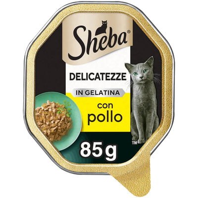 Bocconcini in gelatina Sheba Delicatezze per gatti al pollo, vaschetta 85 g