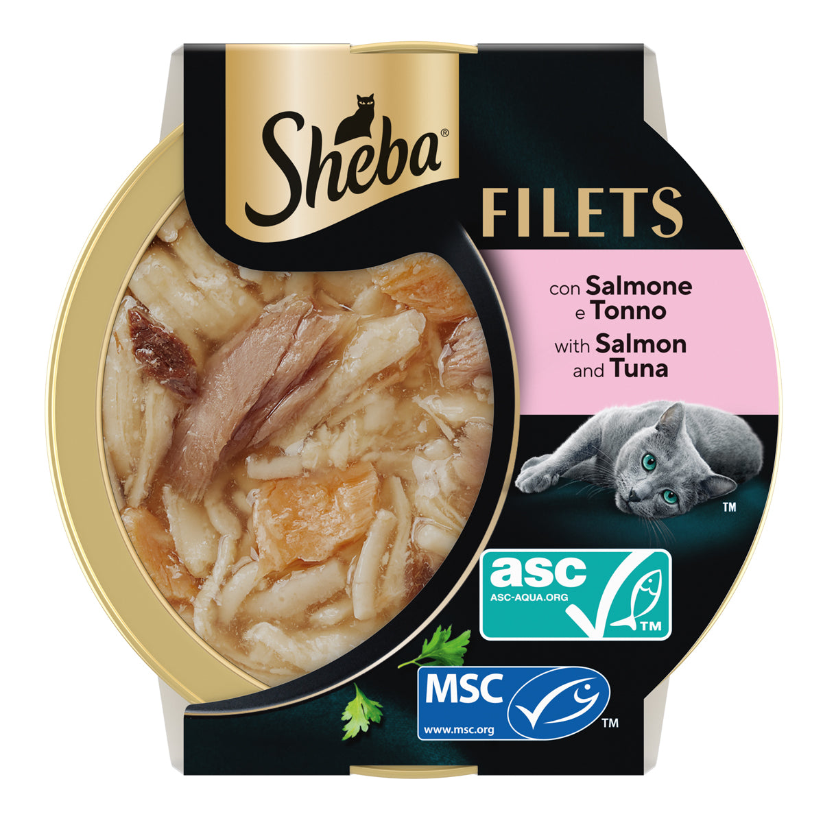Sheba Filets Salmone e Tonno per gatti, vaschetta 60g con filetti in salsa