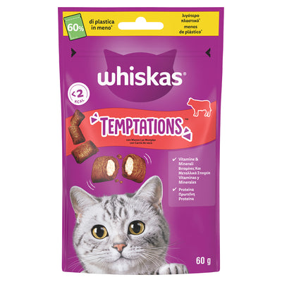 Snack croccanti Whiskas Temptations Manzo per gatti, confezione da 60 g con ripieno morbido