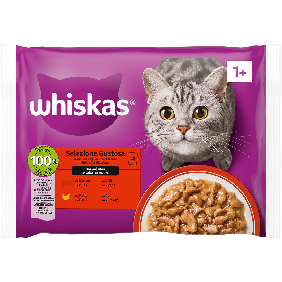 Bocconcini in gelatina per gatto WHISKAS Core Selezione Gustosa, 4 bustine da 85g