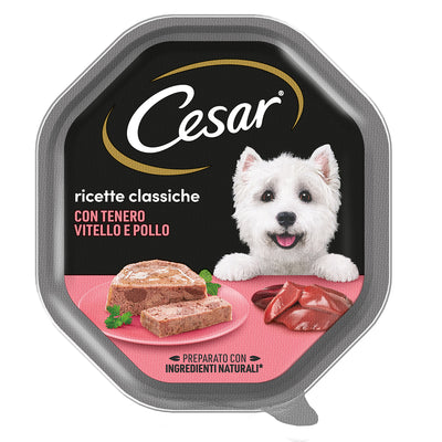 Mangime umido Cesar Ricette Classiche Vitello e Pollo paté per cani 150 g