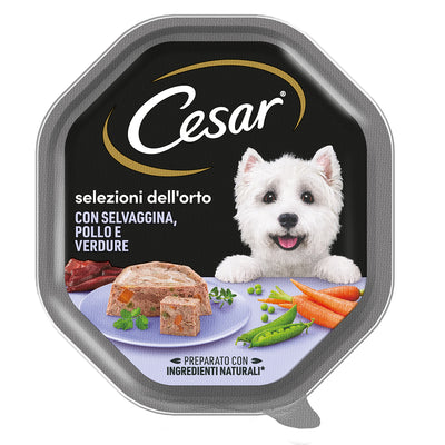 Cesar Selezione dell'Orto alimento umido per cani con pollo, selvaggina e verdure, vaschetta 150 g