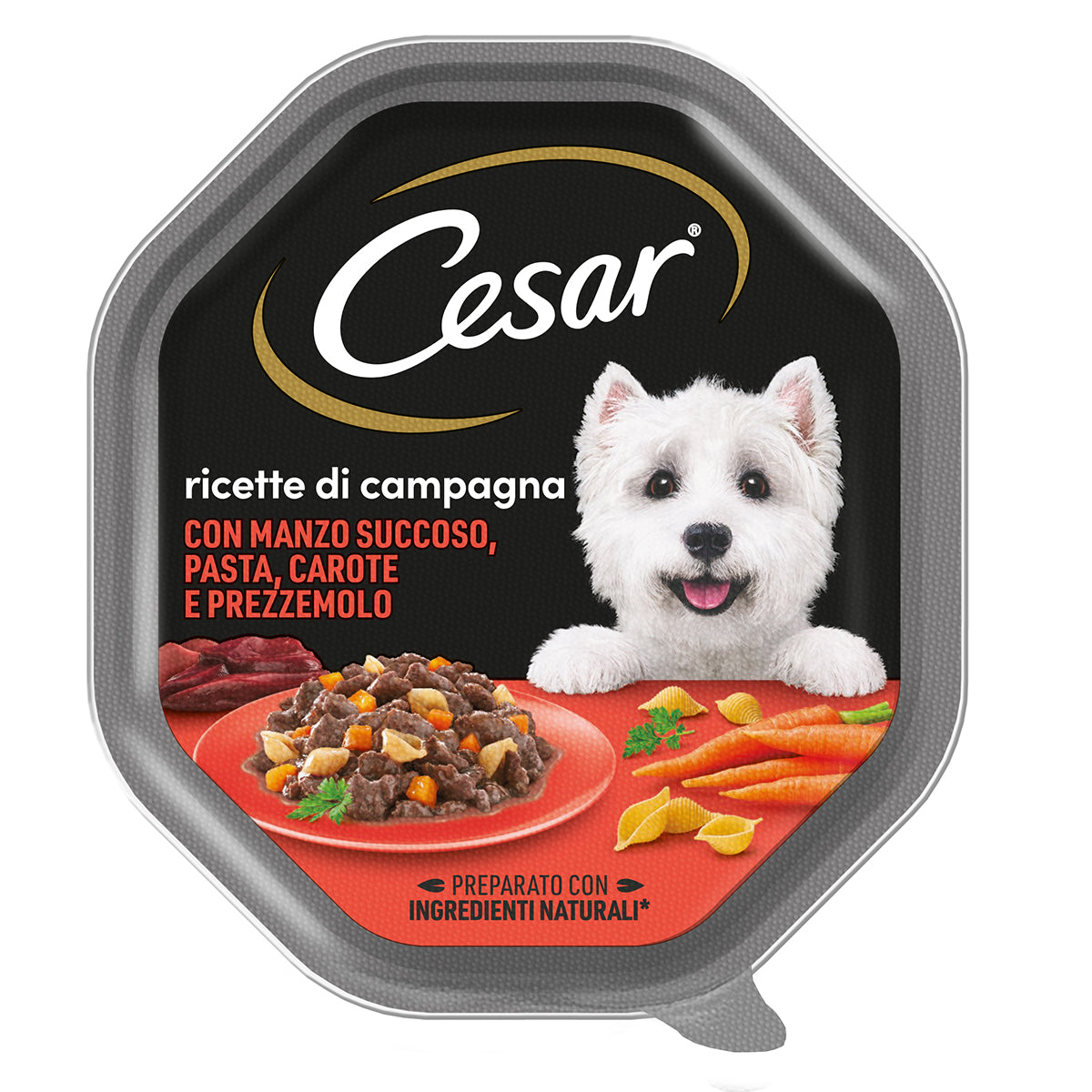 Alimento umido per cani Cesar Ricette di Campagna con manzo, pasta e carote 150 g