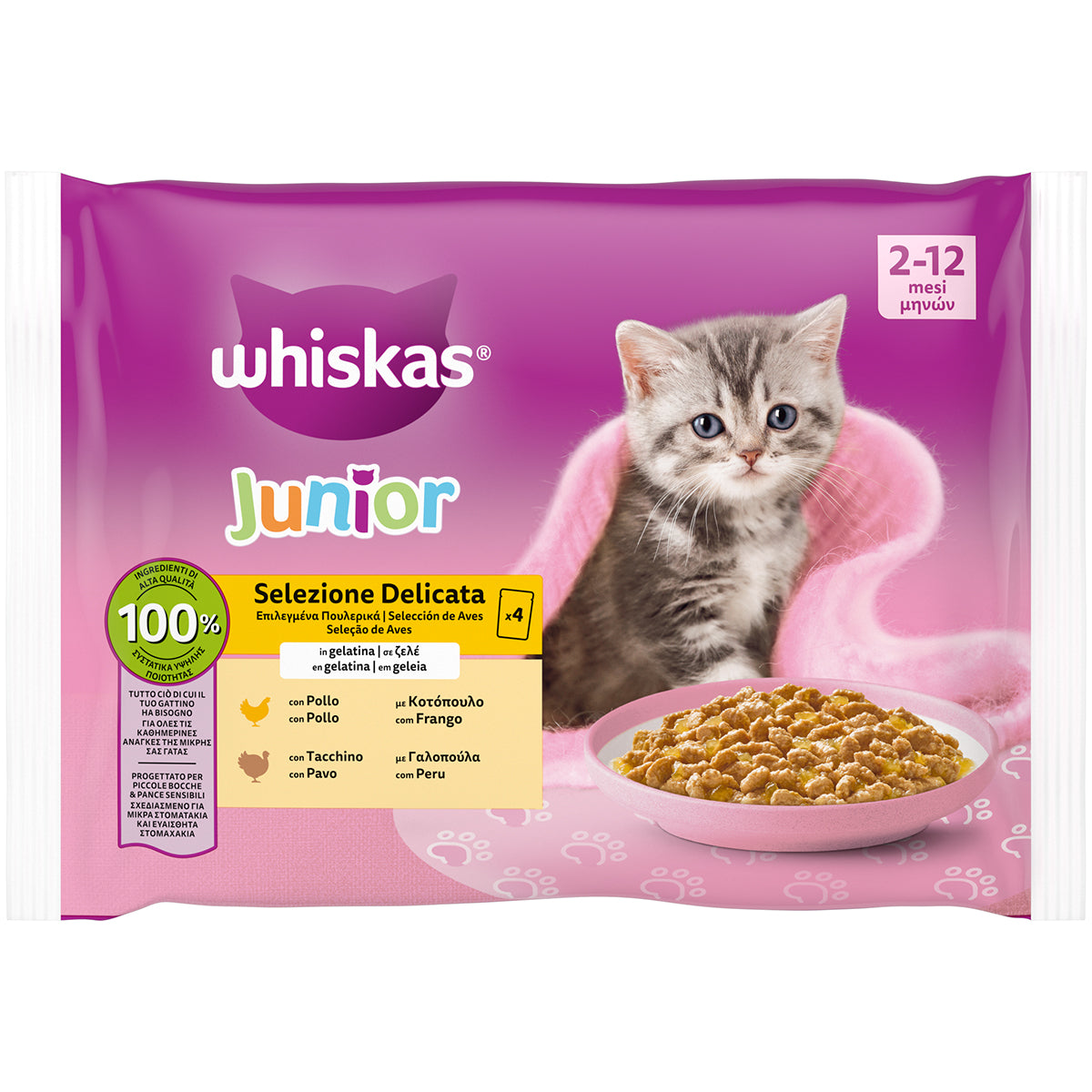 Whiskas Core Selezione Kitten, alimento umido per gattini in bocconcini in gelatina, confezione da 4 bustine da 85g