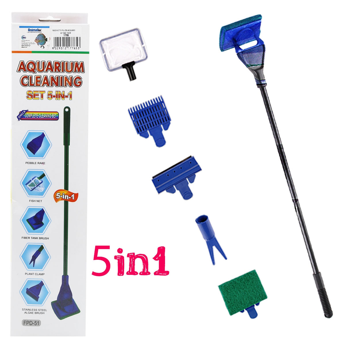 Kit 5in1 raschietto pulizia acquario con 5 testine intercambiabili, lunghezza 70 cm