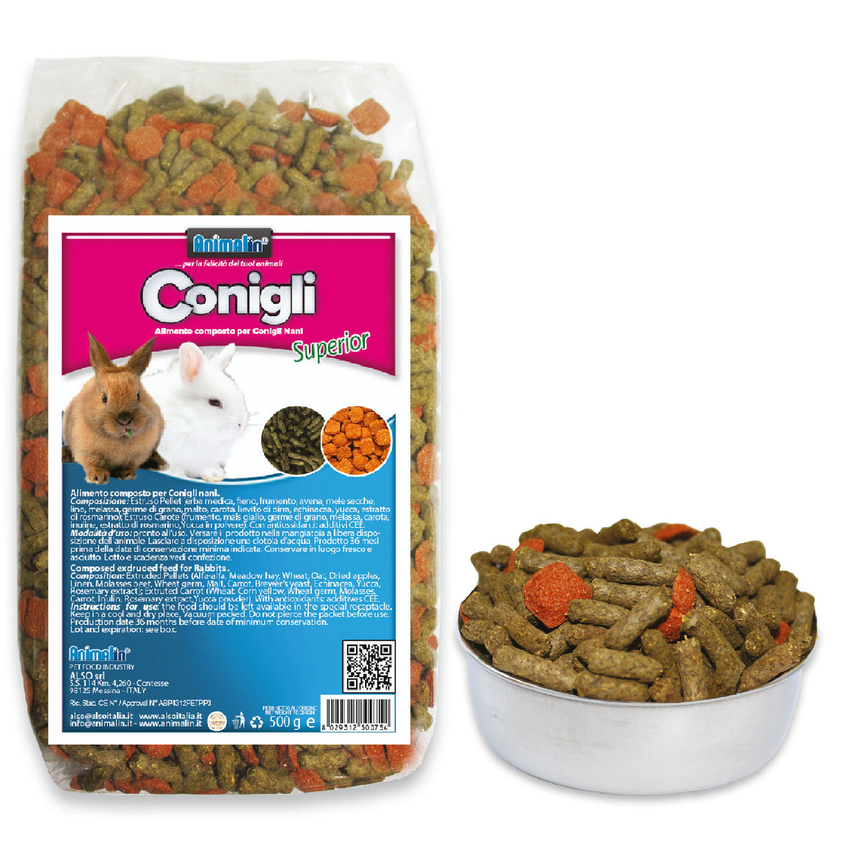 Mix Conigli Superior in estrusi pellet e carote, alimento completo per conigli nani, confezione da 500 g