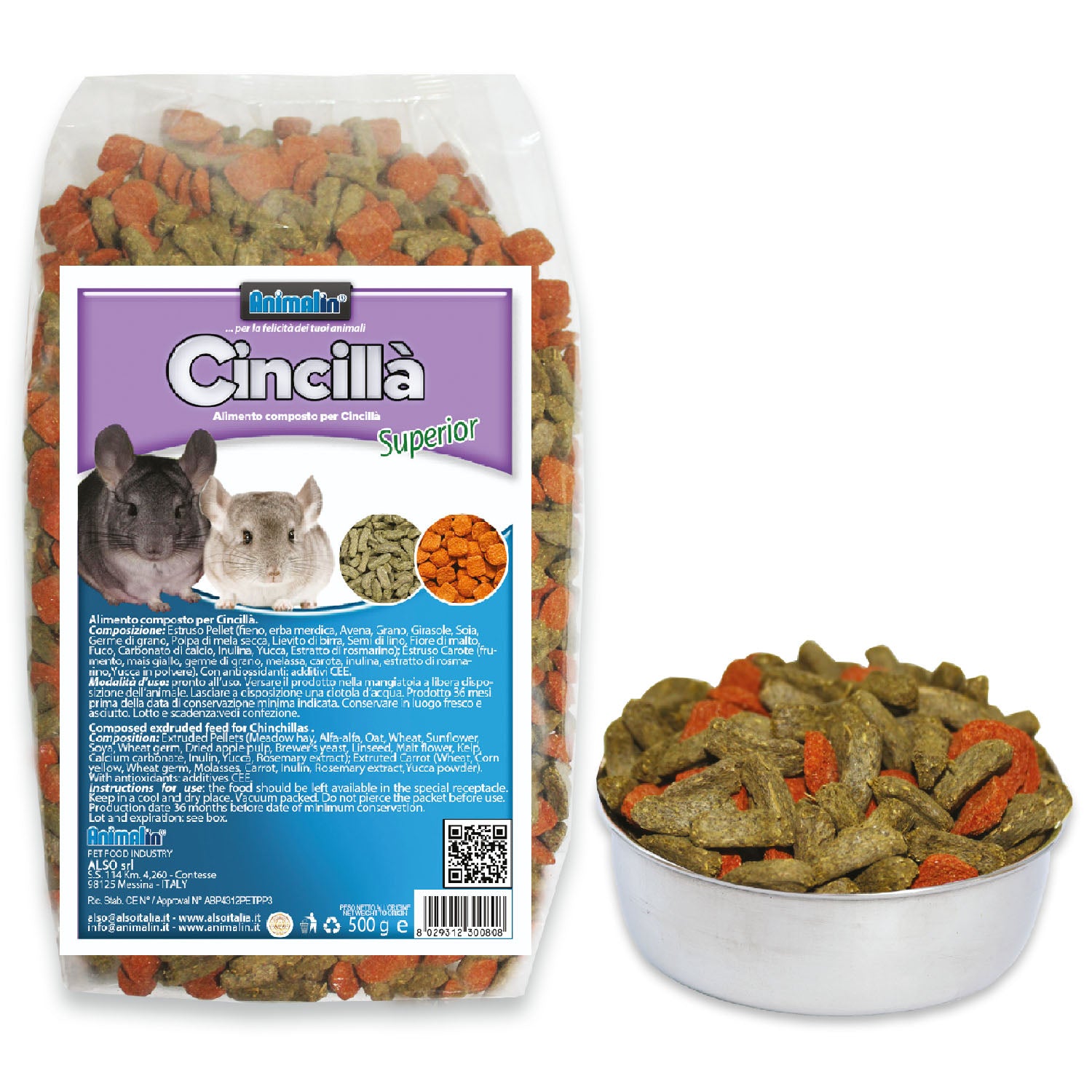 Mix Cincillà Superior in estrusi pellet e carote, alimento completo per cincillà, confezione 500 g