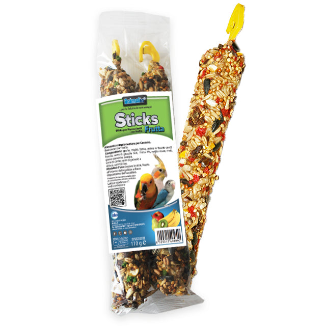 Sticks per parrocchetti con frutta e cereali, confezione da 110 g con gancio di sospensione