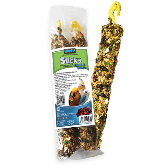 Sticks bastoncini per parrocchetti ai frutti di bosco, confezione 110 g con gancio di sospensione