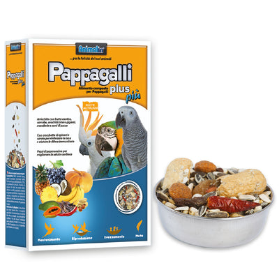 Mix Pappagalli Plus Più alimento completo con semi, frutta disidratata e crocchette vegetali per grandi pappagalli